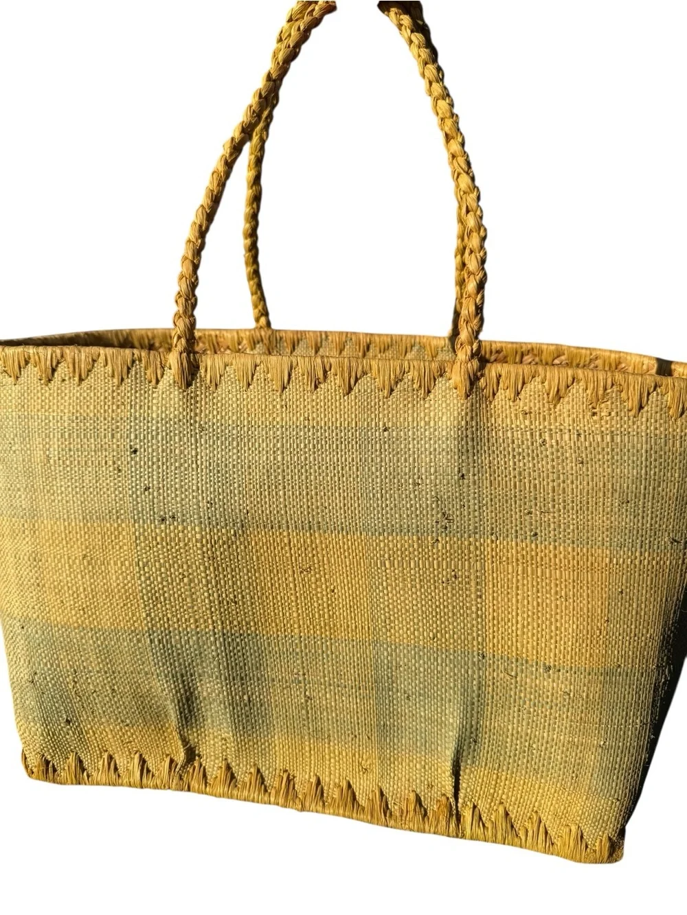 Annabel Ingall Butter Yellow Blue Raffia Tote Bag Handmade Madagascar Coastal